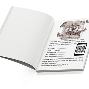 May include: A brown and white book with a castle illustration on the cover. The book is titled "Madchen Malbuch" and has a QR code on the right side of the page. The text on the page reads "Unser Geschenk f&uuml;r dich damit du noch mehr Spa&szlig; haben beim Ausmalen, kannst du dir unsere relaxing Musik &uuml;ber diesen QR-Code anh&ouml;ren, oder ganz einfach &uuml;ber diesen Link: https://soundcloud.com/wvv".
