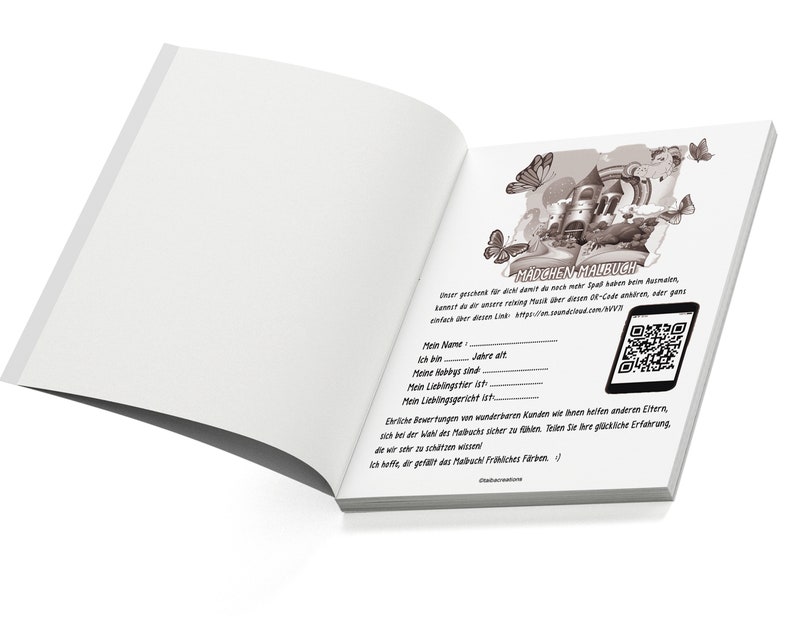 May include: A brown and white book with a castle illustration on the cover. The book is titled "Madchen Malbuch" and has a QR code on the right side of the page. The text on the page reads "Unser Geschenk f&uuml;r dich damit du noch mehr Spa&szlig; haben beim Ausmalen, kannst du dir unsere relaxing Musik &uuml;ber diesen QR-Code anh&ouml;ren, oder ganz einfach &uuml;ber diesen Link: https://soundcloud.com/wvv".