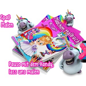 May include: A stack of two pink and white colouring books with a rainbow and unicorn design. The books are titled "M&auml;dchen Malbuch" and "Ab 2 Jahre". The text "Viel Spa&szlig; beim Malen" is written in pink on a white background. The text "Pause mit dem Handy, lass uns malen" is written in pink on a white background. Three cartoon unicorns are featured in the image.