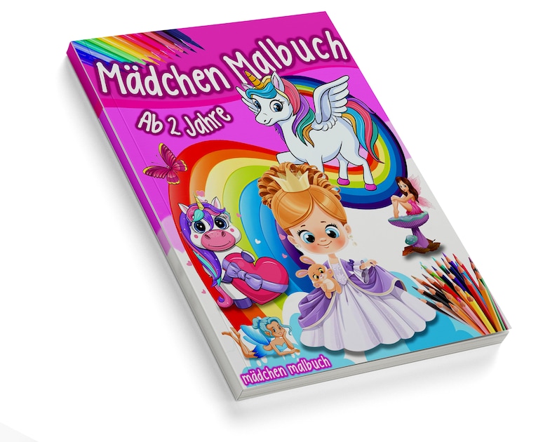 May include: A pink and blue colouring book with a rainbow, unicorns, and a princess. The cover says "M&auml;dchen Malbuch" and "Ab 2 Jahre".