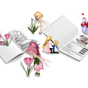 May include: A colouring book with a princess and a fairy on the cover. The book is open to a page with a fairy and a flower. There is a small castle and a fairy with pink hair and wings. The book is on a white background.