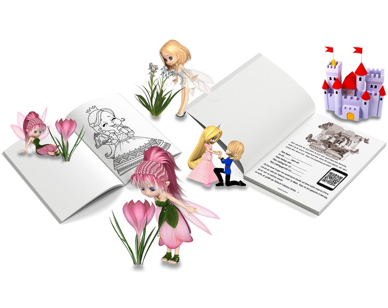 May include: A colouring book with a princess and a fairy on the cover. The book is open to a page with a fairy and a flower. There is a small castle and a fairy with pink hair and wings. The book is on a white background.