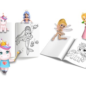 May include: A colouring book featuring a range of illustrations, including a mermaid, a fairy, and a unicorn. The book is open to a page with a black and white drawing of a unicorn.