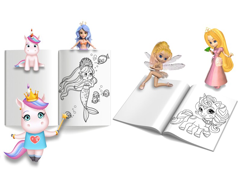 May include: A colouring book featuring a range of illustrations, including a mermaid, a fairy, and a unicorn. The book is open to a page with a black and white drawing of a unicorn.
