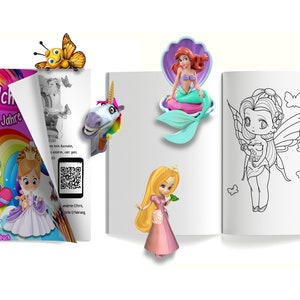 May include: A colourful children's colouring book with a rainbow and a unicorn on the cover. The book is open to a page with a black and white illustration of a fairy with wings and butterflies. The book is titled "M&auml;dchen Ab 2 Jahre" and "m&auml;dchen malbuch".