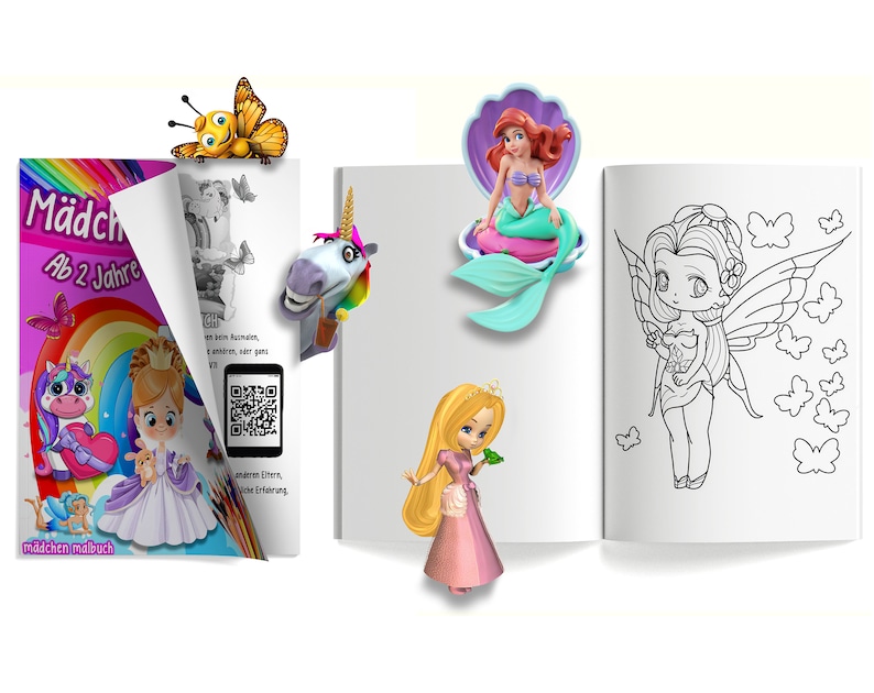 May include: A colourful children's colouring book with a rainbow and a unicorn on the cover. The book is open to a page with a black and white illustration of a fairy with wings and butterflies. The book is titled "M&auml;dchen Ab 2 Jahre" and "m&auml;dchen malbuch".