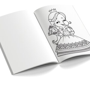 May include: A black and white colouring book page featuring a princess wearing a crown and a dress with intricate details. She is holding a plate with a cake on it and has a playful expression on her face.