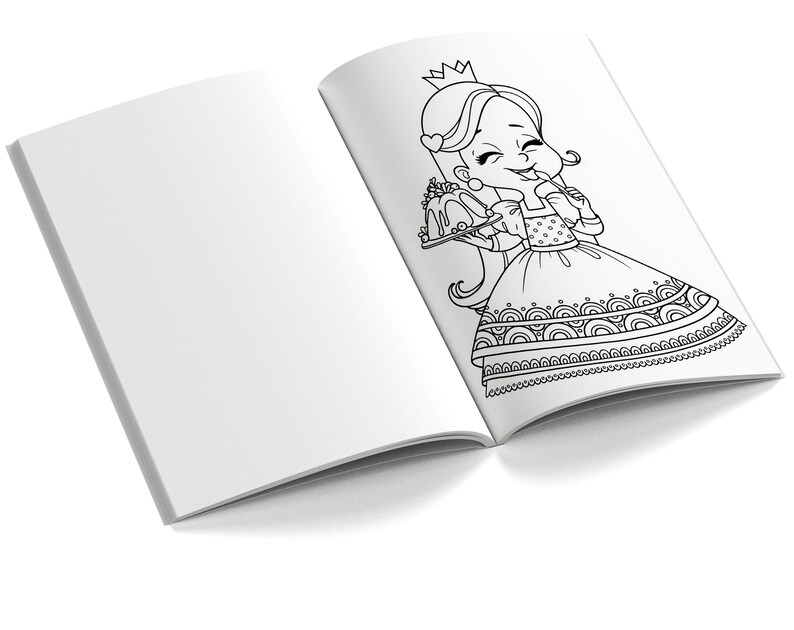 May include: A black and white colouring book page featuring a princess wearing a crown and a dress with intricate details. She is holding a plate with a cake on it and has a playful expression on her face.