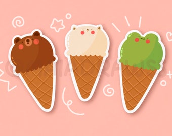 Ice Cream Animals Stickers! cute kawaii food vinyl stickers for hydro flask, phone, laptop