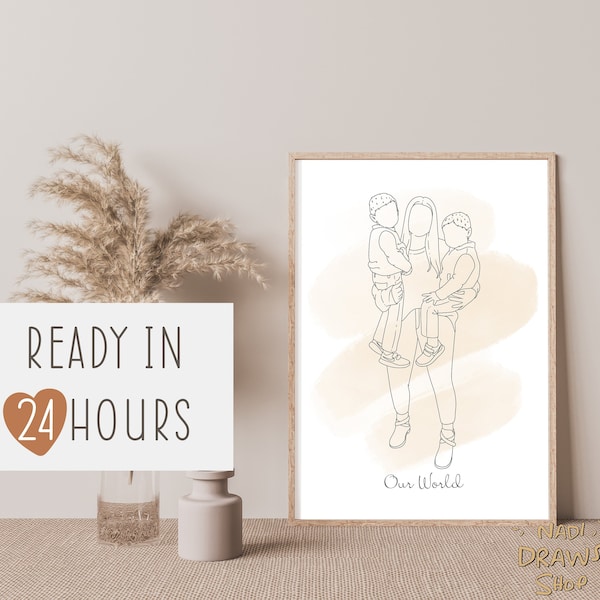 Personalized Line Art, Custom couple portrait , gift from photo , one line drawing , outline for family , custom digital portrait