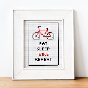 May include: A white framed cross-stitch design with a red bicycle and the text "Eat Sleep Bike Repeat".