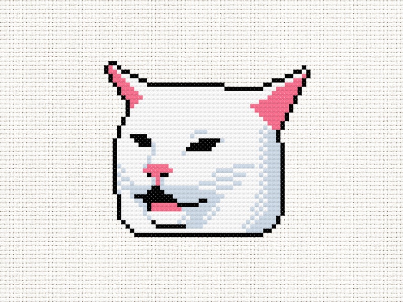 May include: Cross-stitch pattern of a white cat with black and pink accents. The cat's face has a skeptical expression, with its eyes narrowed and mouth slightly open. The design is pixelated, giving it a retro aesthetic.