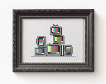 Retro TV Stack Cross Stitch Pattern: Vintage Technology (Digital PDF)