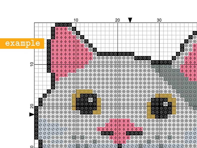 May include: A cross-stitch pattern featuring a cat's face. The design uses a grid of squares with various colors, including pink, gray, black, and gold. The word "example" is in a yellow box in the upper left corner.