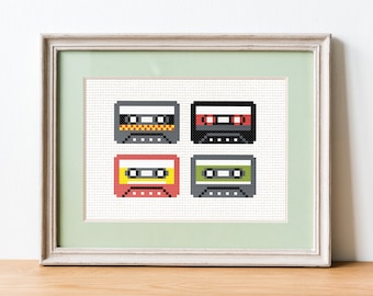 Retro Cassettes - Cross Stitch Pattern - Mix Tape Embroidery Chart - Digital PDF