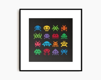 May include: A black and white pixel art image of 16 different space invaders in various colors, including blue, green, yellow, orange, red, and purple.