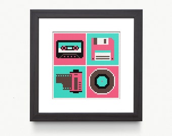 Retro Tech Cross Stitch Pattern: 80s Cassette, Floppy Disk (Digital PDF)