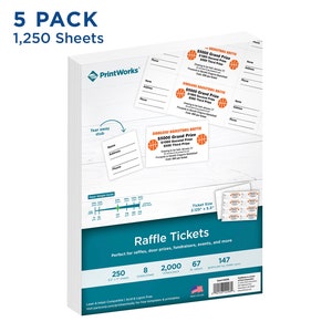 PrintWorks Raffle Tickets with Tear-Away Stubs, 8.5 x 11, 67lb/147gsm, 8 Tickets Per Sheet, 10,000 Tickets Total, White