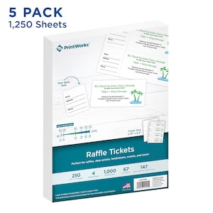 PrintWorks Raffle Tickets with Tear-Away Stubs, 8.5 x 11, 67lb/147gsm, 4 Tickets Per Sheet, 5000 Tickets Total, White