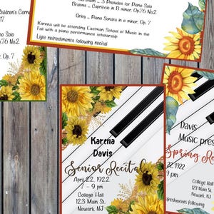 May include: Two printable templates for a senior piano recital invitation or program. The design features a sunflower and piano keys with the text "Senior Recital Karena Davis" and the date "April 22, 1923".
