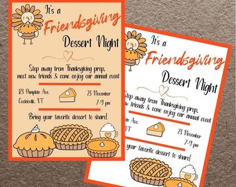 FRIENDSGIVING INVITATION, FLYER-buffet cards-editable text-printable templates-easy to personalize-pumpkin pie-fall party-thanksgiving party