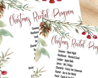 Christmas Recital Program Template: Greenery & Berries (Editable Text)
