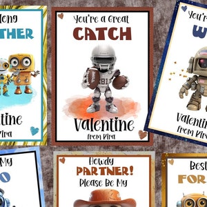 CUTE ROBOT VALENTINE Templates-6 different robots-astronaut-cowboy-football player-editable text-fantasy-digital-printable-boy or girl card