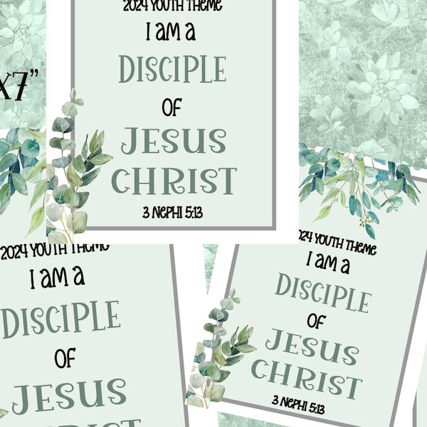 2024 LDS YOUTH THEME Set-5 sizes-young women-young men-mutual-Church of Jesus Christ-disciple of Jesus Christ-eucalyptus-bookmark-wallet