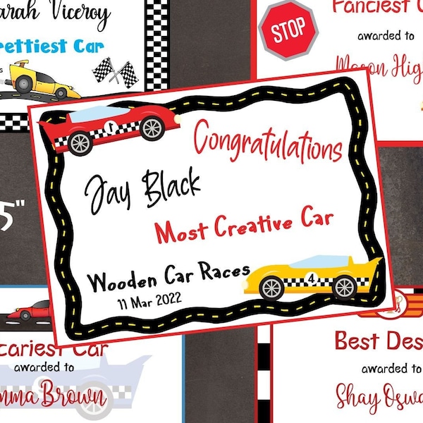 WOODEN CAR RACE Award Certificates-5 different designs-use all or one-7x5 certificates-editable text-print or digital-race invitation-invite