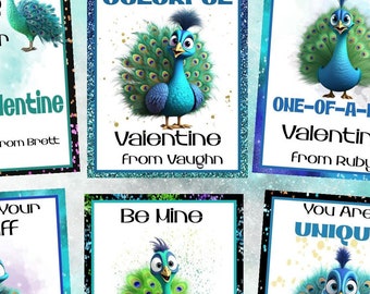 CUTE PEACOCK VALENTINE Templates-Colorful and sweet messages to send to friends-family-neighbors-grandchildren-editable text-kid valentine