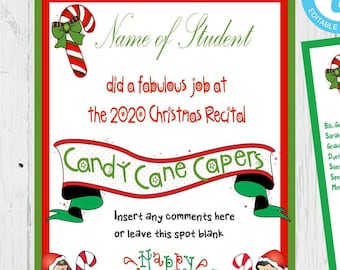 Christmas Recital Package-Candy Cane Caper theme-5 editable files-program-certificate-comment card-invite-flyer-edit text-piano recital