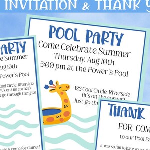 FUN PARTY INVITATION Template Summer-Pool-editable text-thank you card-2 sizes-digital or print-personalize-birthday-shower-school-community