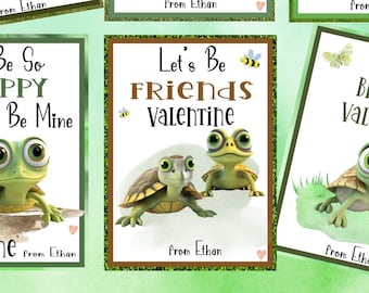 Könnte beinhalten: Sechs druckbare Valentinstagskarten mit niedlichen Comic-Schildkröten mit verschiedenen Botschaften. Die Karten sind 2,75 Zoll mal 3,75 Zoll groß und digital oder druckbar.