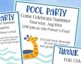 FUN PARTY INVITATION Template Summer-Pool-editable text-thank you card-2 sizes-digital or print-personalize-birthday-shower-school-community