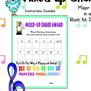 May include: A printable award certificate for a music student. The certificate is pink and features a cartoon character playing a drum. The text on the certificate reads "Mixed-Up Chord Award" and "Major Chords in all positions root, 1st inversion, 2nd inversion, root".