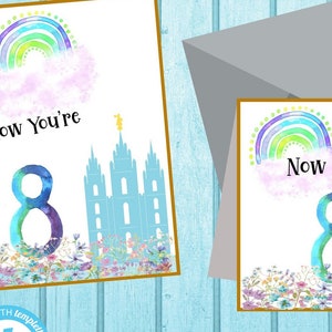 LDS Baptism or birthday card Templates-Blue temple with rainbow and watercolor 8-editable text-printable template or e-card-boy or girl