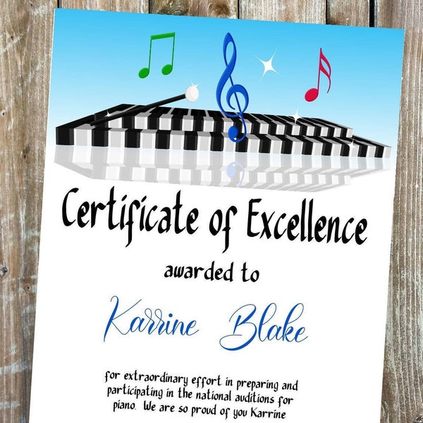 Music Award Certificate-editable template for recognition of great work-Blue theme with abstract piano keys for studio, classroom, recital