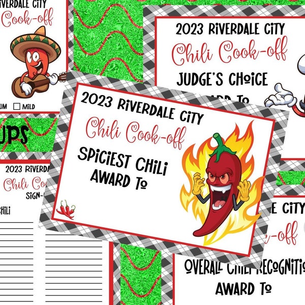 CUTE PEPPERS CHILI Cookoff awards-6 different certificates-number card- chili-sign up-judging-master list-fun awards-editable text-contest