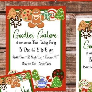 GOODIES GALORE-CHRISTMAS Party invitation and thank you postcard-cute and fun cookie border and editable text-printable template-treat taste