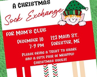 Christmas Sock Exchange Flyer, Editable Elf Design (Digital Download)