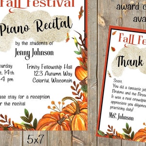 MUSIC RECITAL INVITATION and Thank you postcard-pumpkins and fall foliage make this a perfect autumn invite for your next recital or event