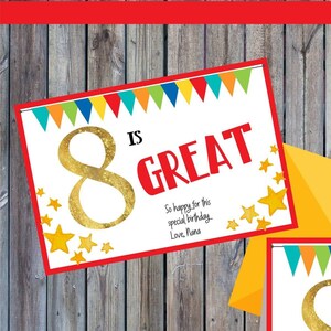LDS Baptism or birthday card Templates-Primary colors bunting with gold number 8-editable text-printable template or e-card-boy or girl