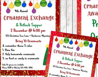 CHRISTMAS ORNAMENT EXCHANGE Templates-Flyer-Invitation-Award Certificates-editable text-printable-e-vite-Red glitter frame-tree-ornaments
