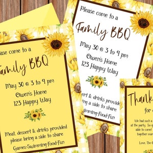 SUNFLOWER PARTY INVITATION-thank you postcard Template-Summery-fun invite for your seasonal party-birthday-anniversary-editable text-digital