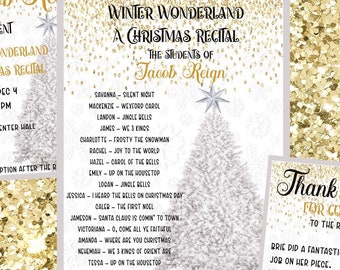 Silver Tree RECITAL Package-Invitation-Thank you-Program-all matching-editable text-Holiday recital-piano-Music  and piano recital