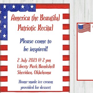 USA Patriotic Flag Recital Invitation with bonus comment card-fun for a patriotic program or recital-editable text-printable template-DIY