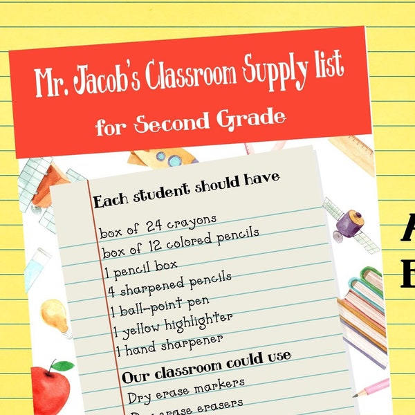 classroom supply list for teachers -notebook paper themed template helps parents notice the needed supplies for the start of school-editable