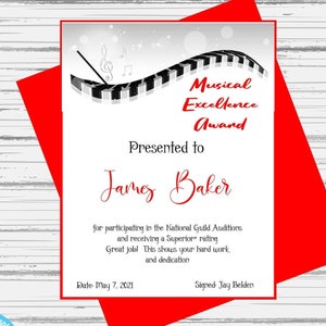 Music Award Certificate with wavy piano keyboard to recognize the accomplishments of your students-Editable text allows for personalization