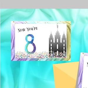 LDS Baptism or birthday card Templates-Grey Salt Lake Temple with watercolor number 8-editable text-printable template or e-card-boy or girl
