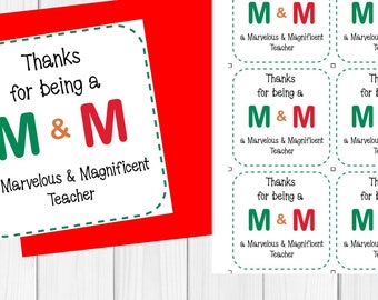 TEACHER APPRECIATION gift tag-Cute M&M theme-for a teacher you appreciate-instant download-Thank your teacher at the end of the year